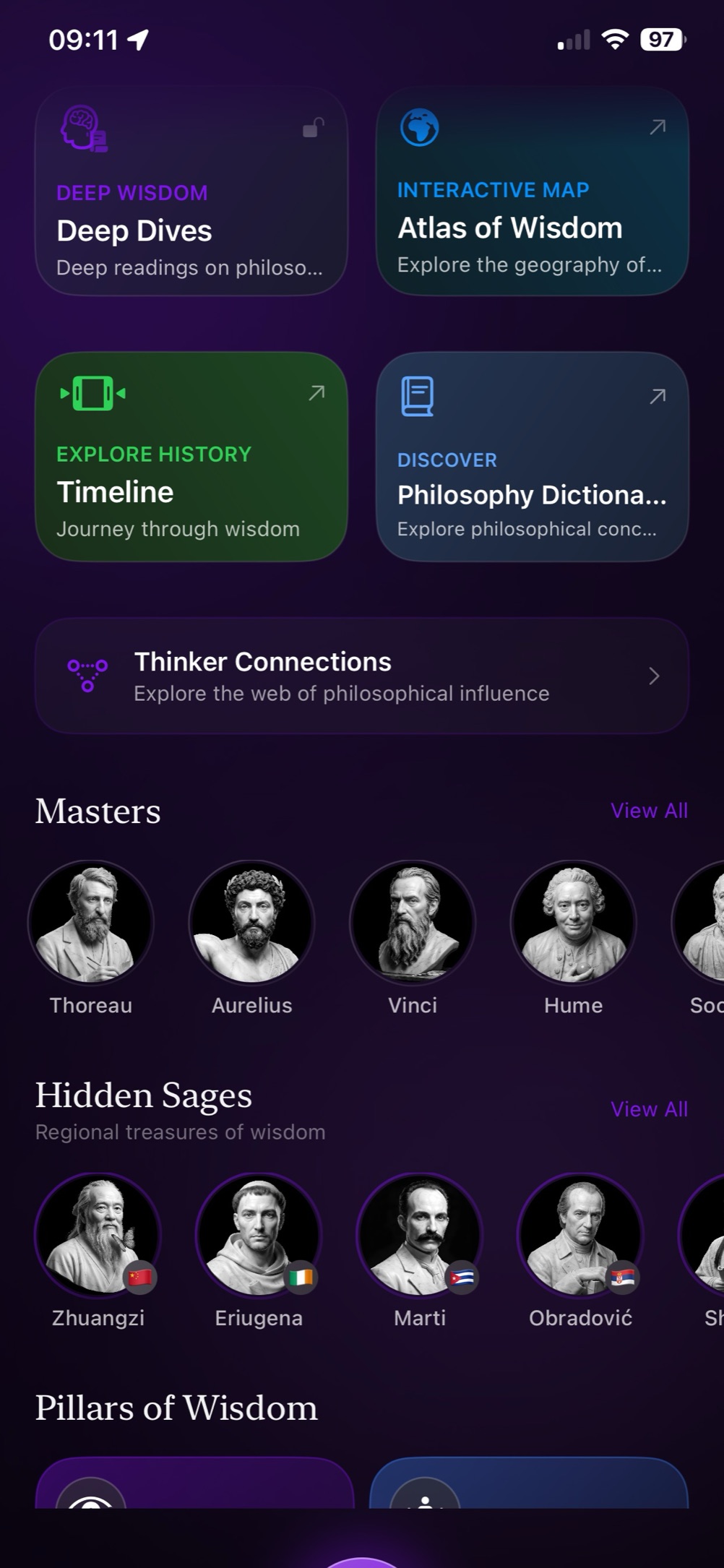 Explore screen with Deep Dives, Atlas of Wisdom, Timeline, Philosophy Dictionary, Thinker Connections, and rows of Masters and Hidden Sages.