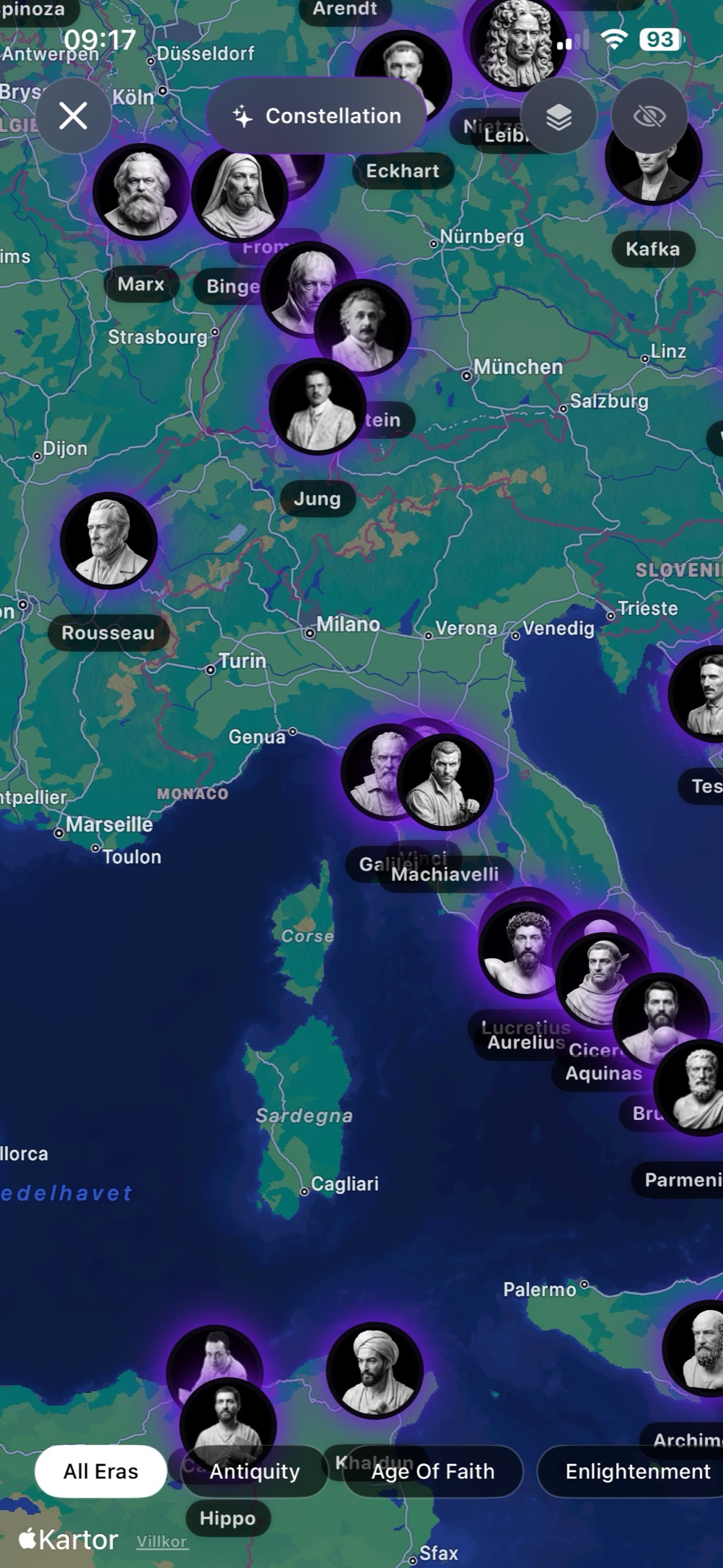 Atlas screen: thinker portraits pinned across a map of central Europe and Italy, with era filters along the bottom.