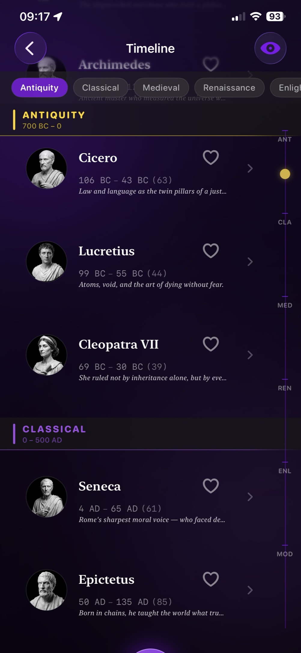 Timeline screen: Cicero, Lucretius, Cleopatra VII, Seneca and Epictetus listed by era, each with lifespan and a one-line summary.