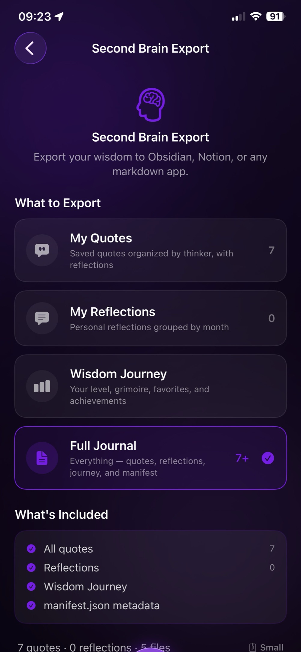 Export screen: options to export saved quotes, reflections, the wisdom journey or a full journal as Markdown for Obsidian or Notion.